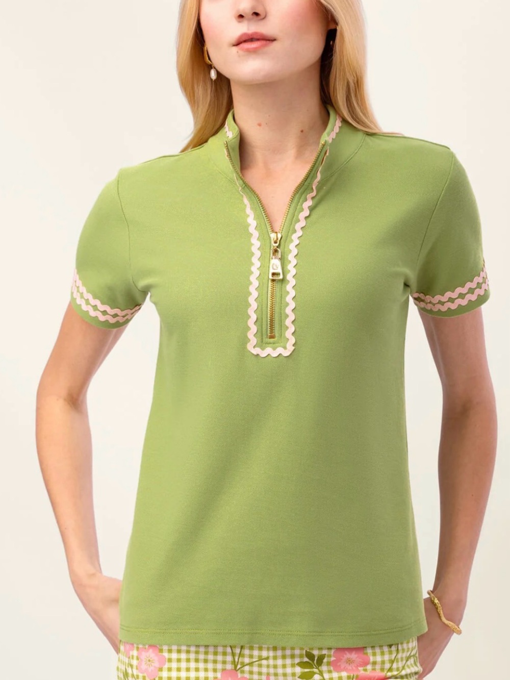 Spartina 449 Lime Green Short-Sleeve Zip Polo with Pink Trim